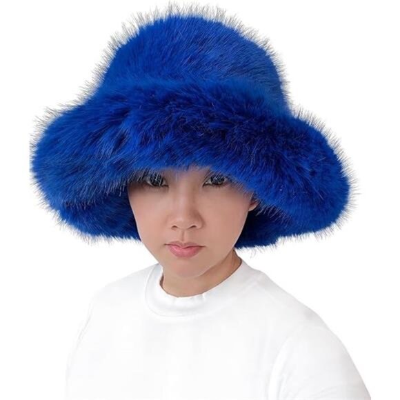 Oversized Winter Faux Fur Bucket Hat for Women Royal Blue - Picture 6 of 6